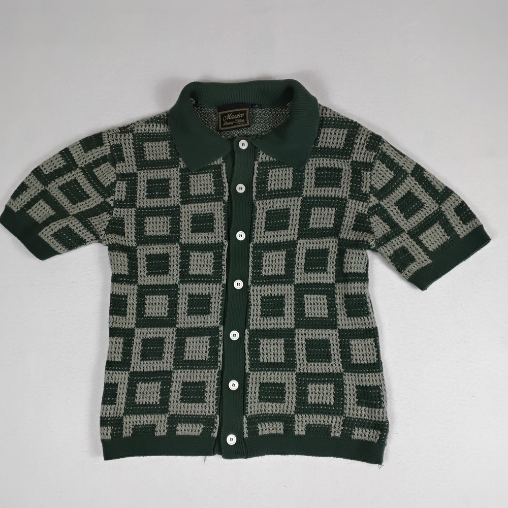 Massive Luxury Edition Mens S Green Knit Polo Geometric Button Shirt